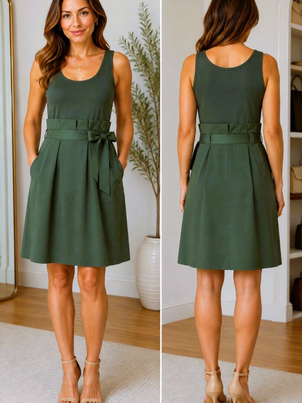 Adolfo Dominguez Green Mixed-Media Pleated Belted Dress Size 38  2. DESCRIPTION
